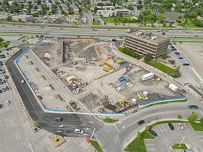 The future Anjou métro station will have two entrance buildings, one on each side of Highway 25